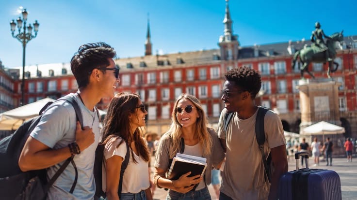 Grupo de estudantes com mochilas e mala em uma praça histórica europeia
